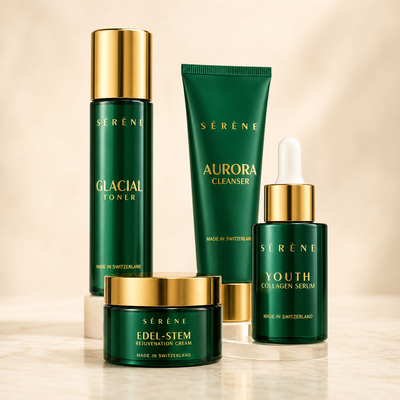 Serene skincare product set with green and gold bottles on a beige background