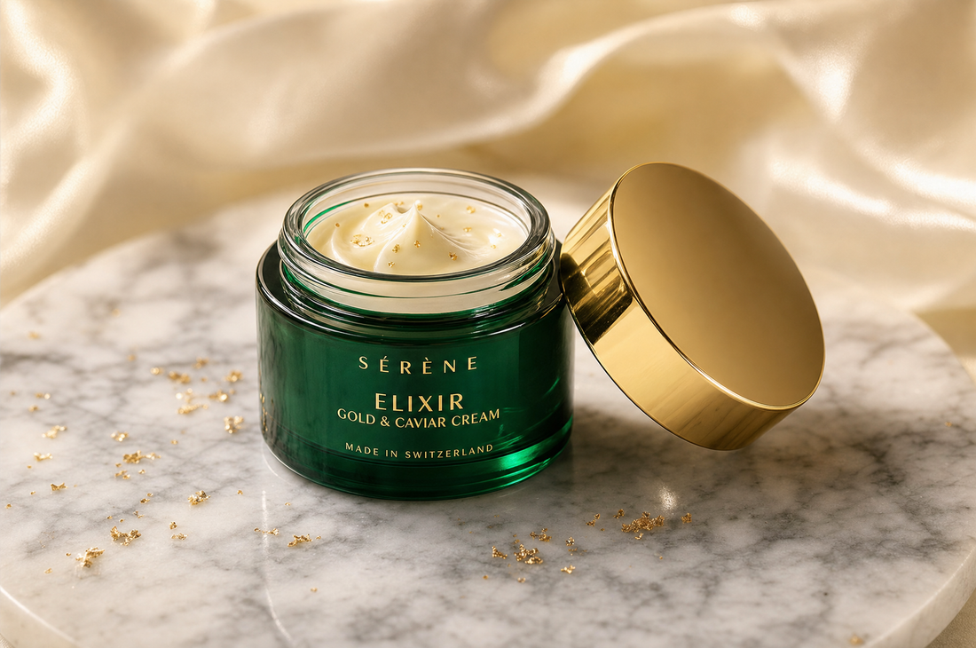 Caviar extract luxury skincare cream jar on marble with gold flecks
