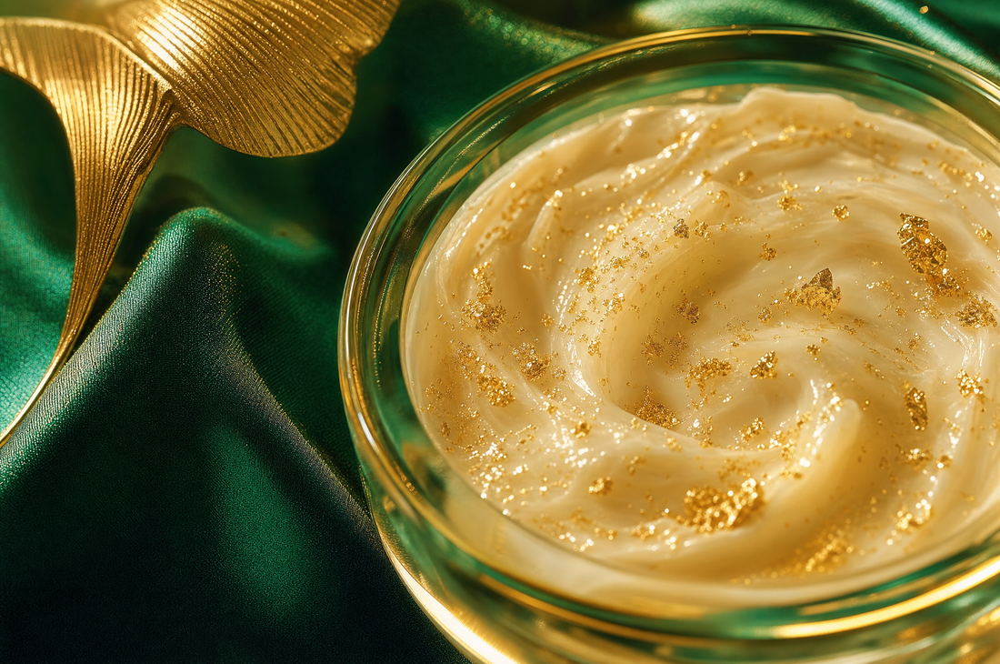Micro-fine 24k gold flakes in ivory skincare cream on emerald silk