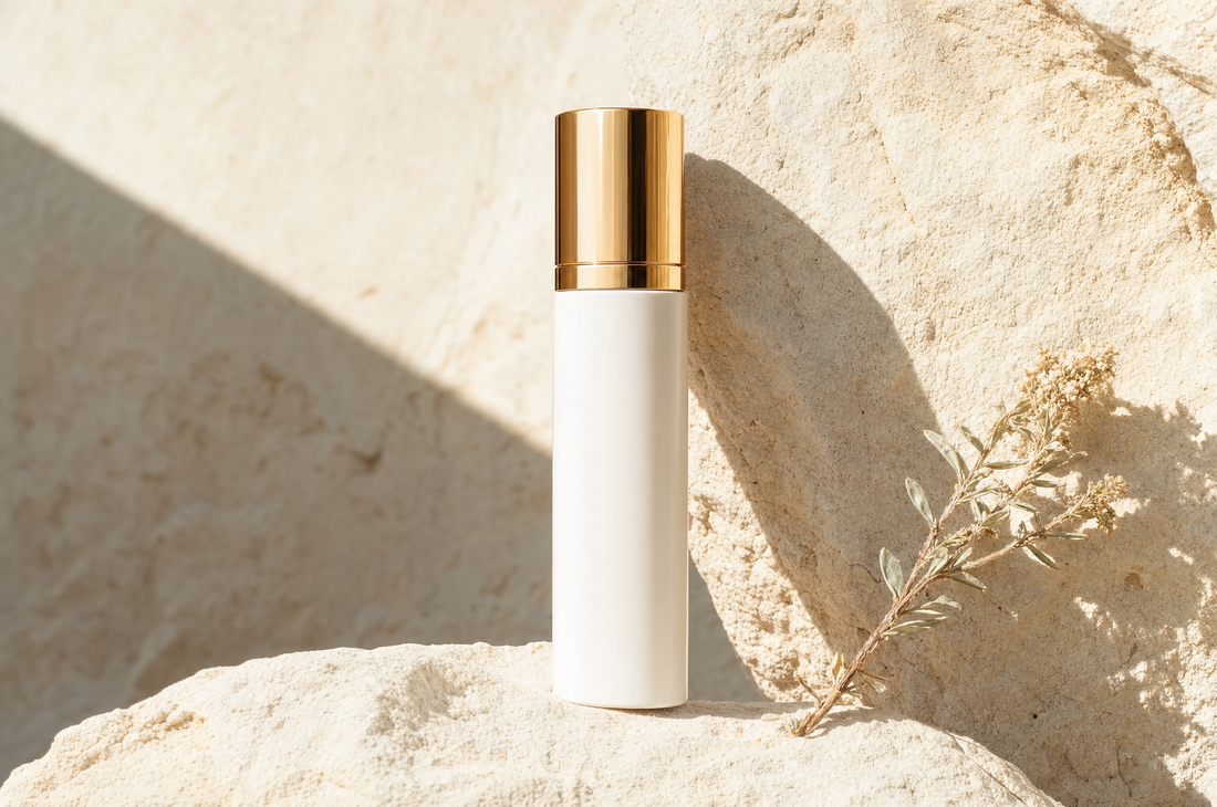 SPF 50 sunscreen bottle on pale limestone in hard midday sunlight