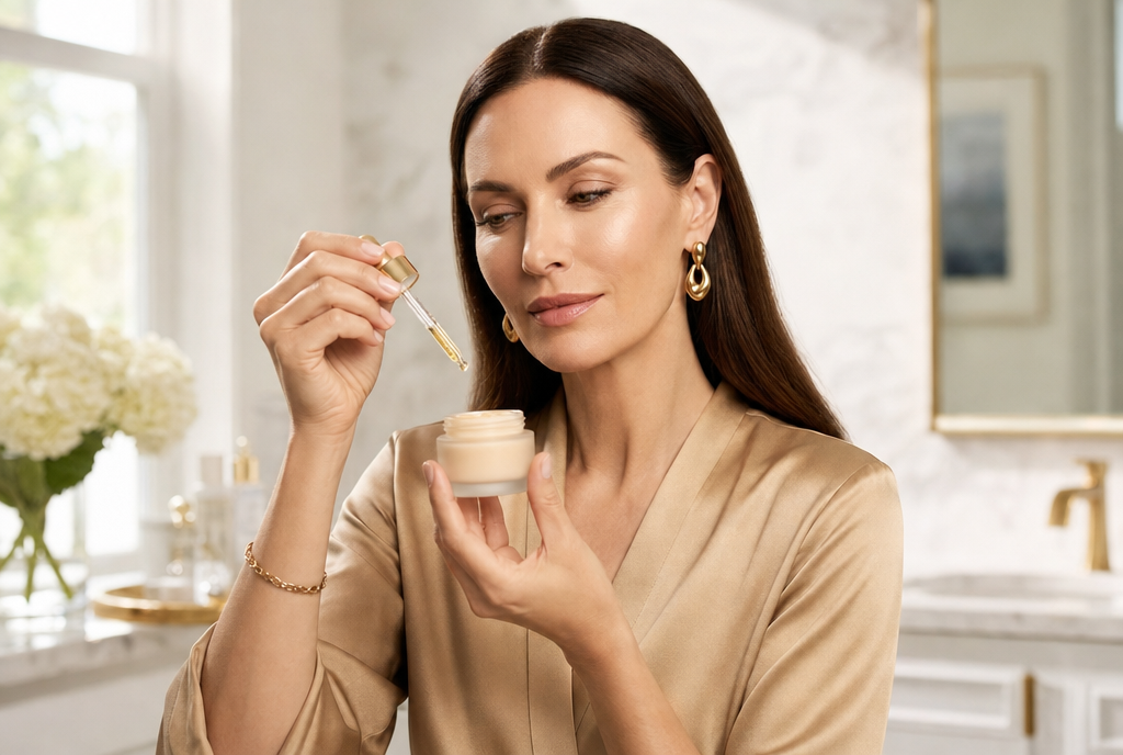 Woman in her 50s holding a dropper of golden serum in one hand and a small jar of cream in the other, deciding
