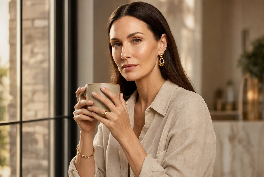 Woman in her 50s at a bright kitchen window, coffee in hand, skin fresh and rested in morning light