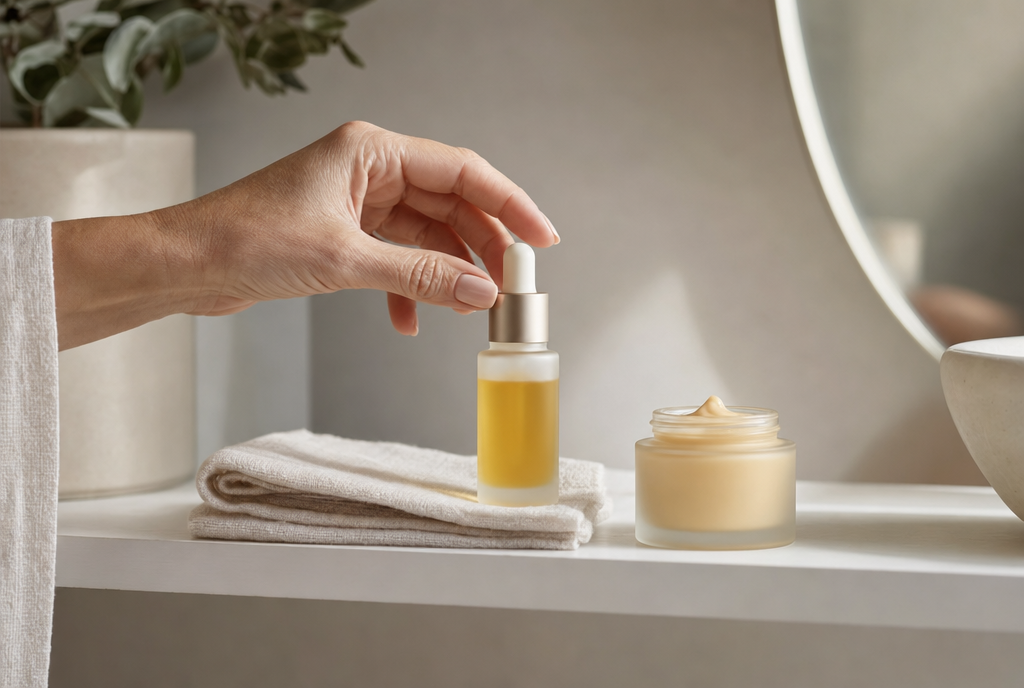 Two unbranded skincare bottles on a clean linen-covered shelf beside a woman's hand in morning light