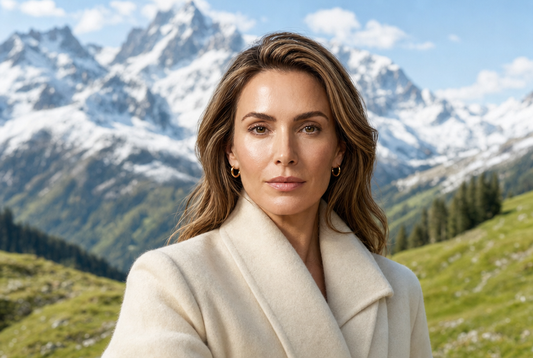 Woman in her 50s outdoors in clear Alpine light with mountains softly blurred behind her