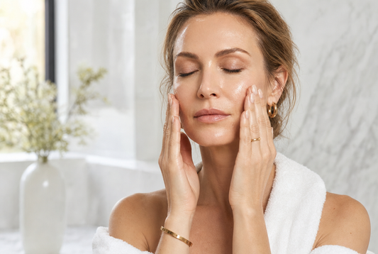 Woman in her 50s pressing a serum into damp, freshly toned skin in a bright bathroom