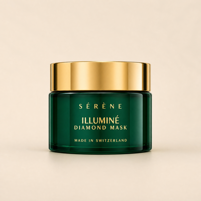 Séréne Illuminé Diamond Mask jar with gold lid on a beige background