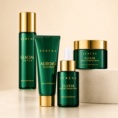 Serene skincare product set with green bottles and gold caps on a beige background