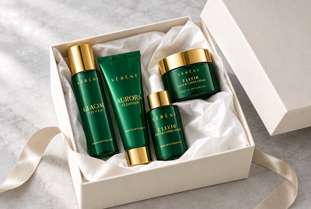 The Gold & Caviar Ritual presented in an open gift box with tissue and ribbon